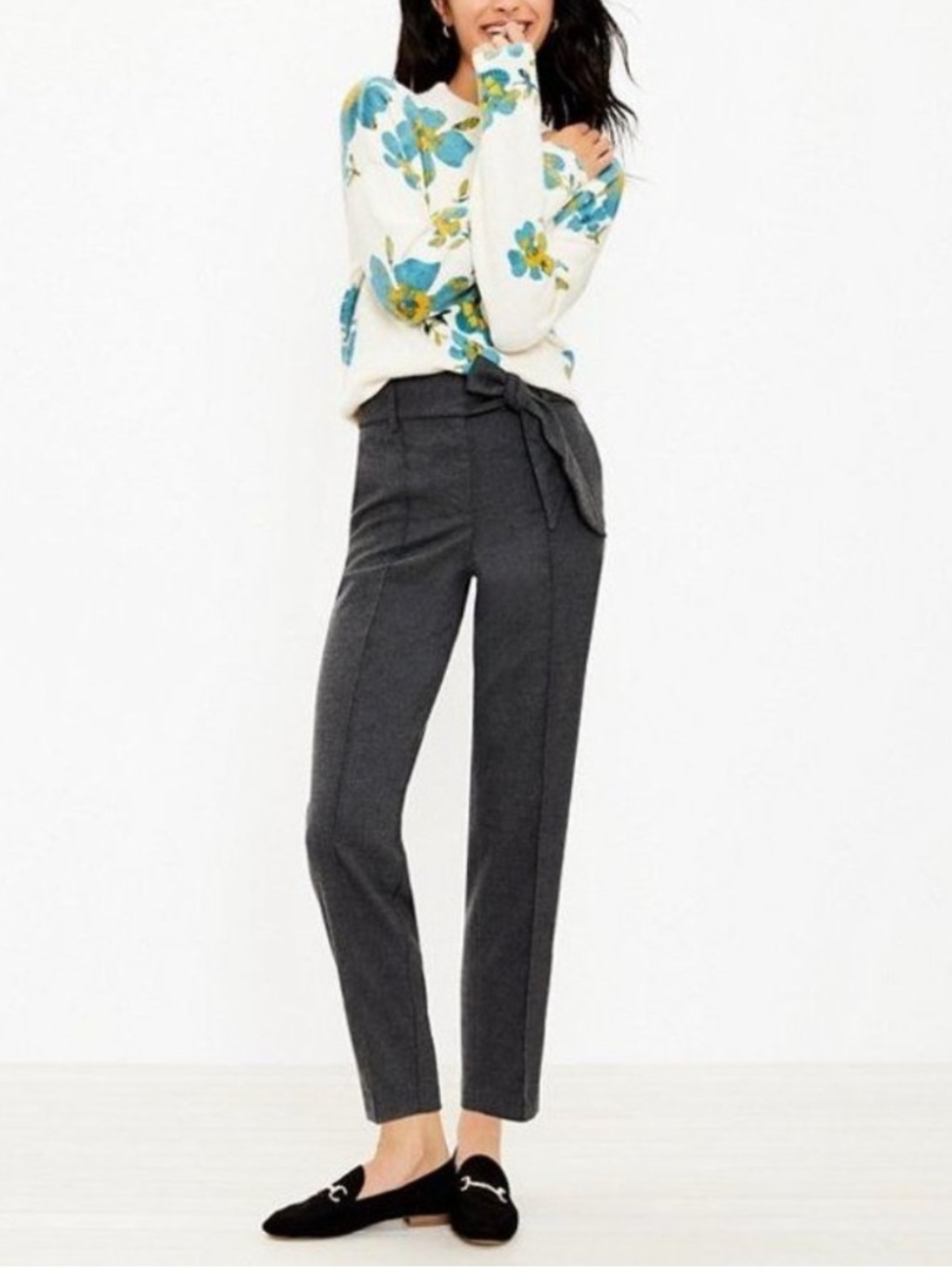 NEW LOFT Paperbag Tie Waist Tapered Trouser Pants in Charcoal Gray - Size 8